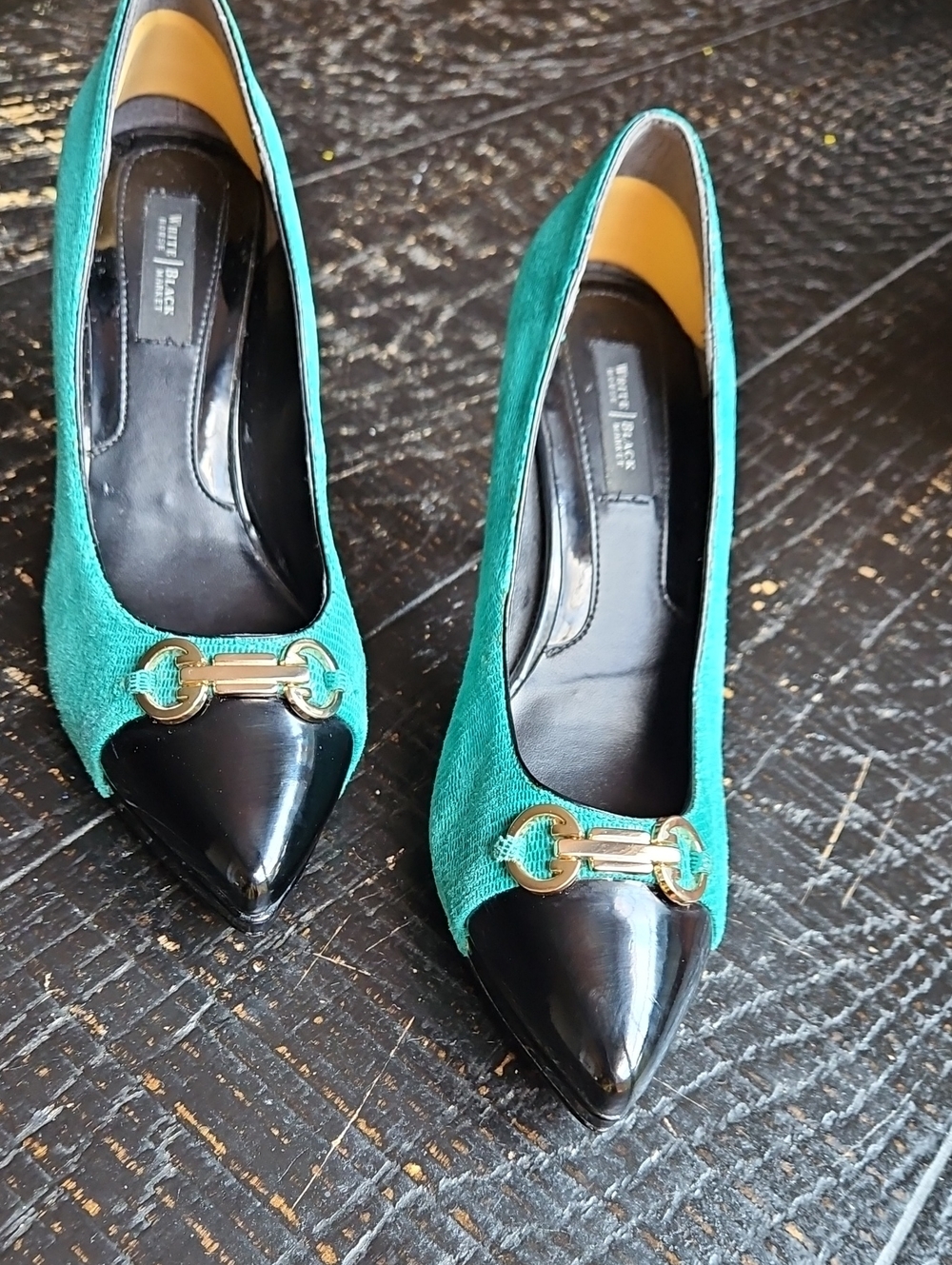 White House Black Market Teal Pointed-Toe Pumps with Gold Hardware